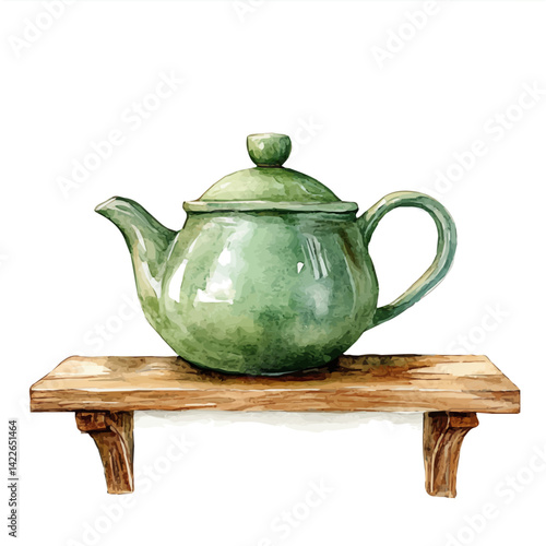 Green Ceramic Teapot On A Kitchen Shelf, watercolor vector, isolated on a white background.