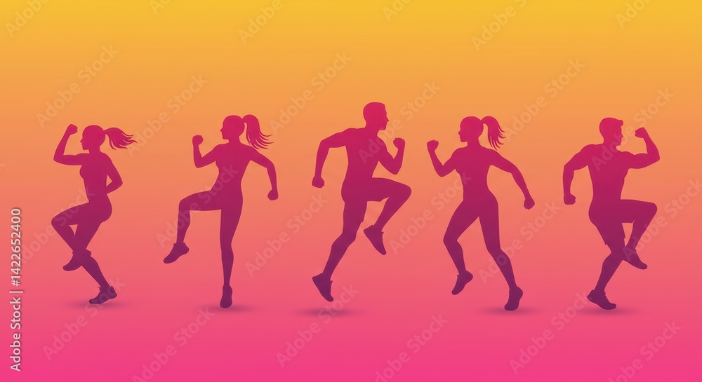 Five silhouetted figures in dynamic athletic poses against a gradient orange and pink background Five silhouetted figures in dynamic athletic poses against a gradient orange and pink background