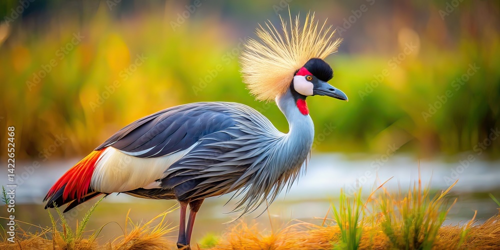 Fototapeta premium Grey Crowned Crane AI Photo, High Depth of Field, Wildlife Photography, Beautiful Bird