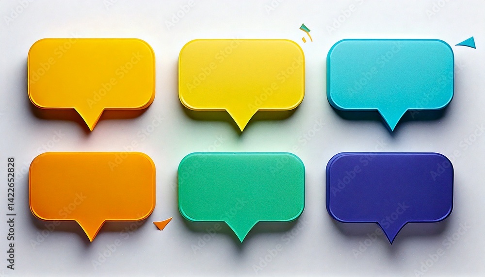 A set of six colorful speech bubbles arranged on a white surface close up view A set of six colorful speech bubbles arranged on a white surface close up view