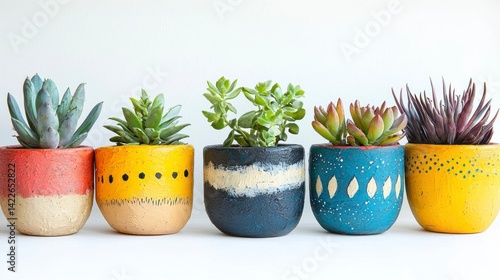 Realistic Hand-Painted Flower Pots with Succulents in Vibrant Colors for Home Decor and Photography
