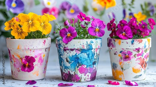 Hand-Painted Flower Pots with Colorful Blooms in Realistic Still Life Photography