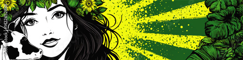 Beautiful High Quality Vector Illustration of Young Woman with Cute Calf in Nature Scene with Sunflowers Green Leaves Vibrant Yellow Green Background and Sun Rays Effect