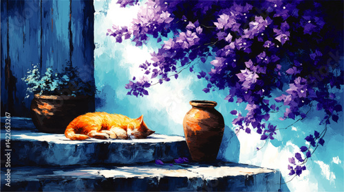 Charming vector illustration of orange cat sleeping peacefully on sunny stone steps near rustic pots beneath beautiful purple blossoms calming garden scene artwork
