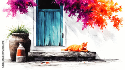 Beautiful Watercolor Vector Illustration of Orange Cat Resting by Rustic Turquoise Door Beneath Blooming Pink and Orange Flowers with Decorative Planter and Pottery