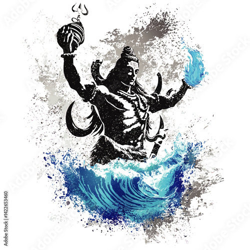 Powerful Vector Illustration of Lord Shiva Holding Fire and Drum Amidst Blue Waves Symbolizing Spiritual Energy Artistic Cultural Religious Hindu Deity Graphic Design