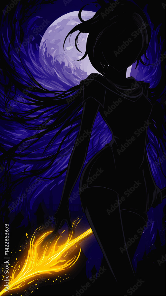Enchanting Dark Fantasy Vector Illustration of Mystical Silhouette Girl Holding Glowing Magic Sword Against Full Moon Background with Gothic Castle and Haunting Shadows Enchanting Dark Fantasy Vector Illustration of Mystical Silhouette Girl Holding Glowing Magic Sword Against Full Moon Background with Gothic Castle and Haunting Shadows