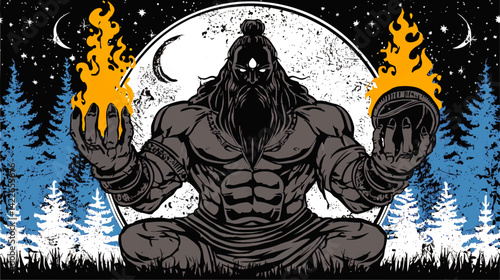 Powerful Mystical Warrior Vector Illustration Holding Fire in Night Forest Fantasy Scene with Moons Strong Man Meditating Symbolizing Magic Strength and Spirituality