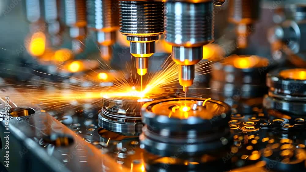 Factory precision laser welding sparks, industrial automation background Factory precision laser welding sparks, industrial automation background