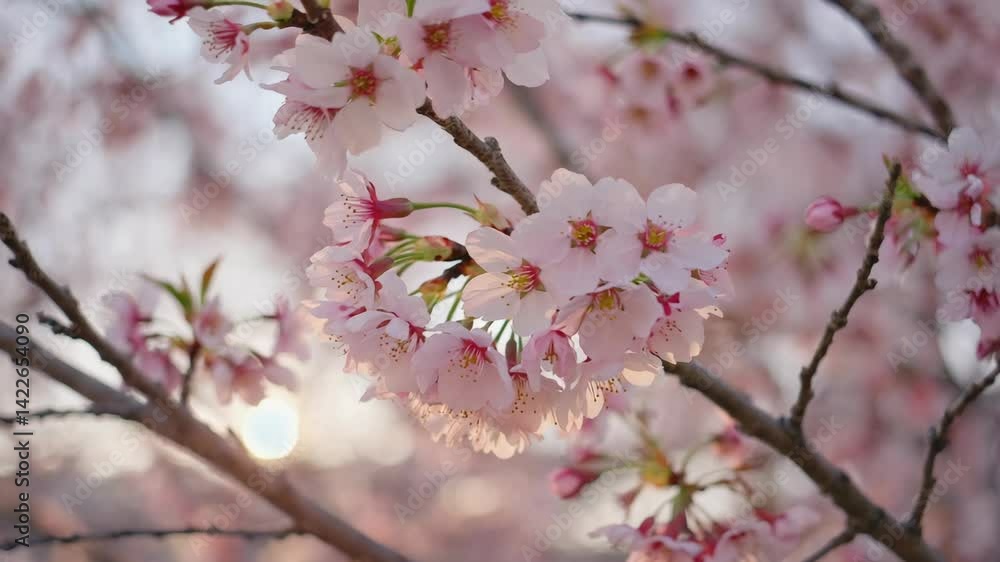 Cherry blossoms in bloom during springtime with delicate pink petals illuminated by soft sunlight on branches and blurred background Cherry blossoms in bloom during springtime with delicate pink petals illuminated by soft sunlight on branches and blurred background