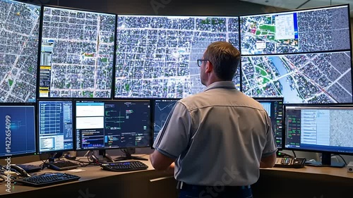 Wallpaper Mural Man monitoring multiple screens displaying city maps and data analytics in a control room environment Torontodigital.ca