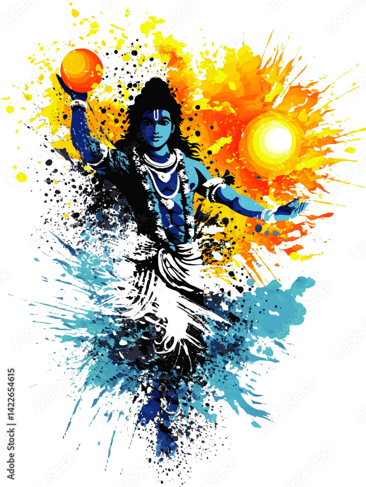 Obraz premium Vibrant Artistic Vector Illustration of Hindu God Vishnu with Blue Skin Holding Glowing Orbs Abstract Colorful Paint Splashes Spiritual Cosmic Energetic Design Art