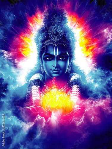 Mesmerizing Spiritual Vector Illustration of Hindu God Vishnu Surrounded by Vibrant Cosmic Colors with Glowing Lotus and Heavenly Cloud Background for Meditation