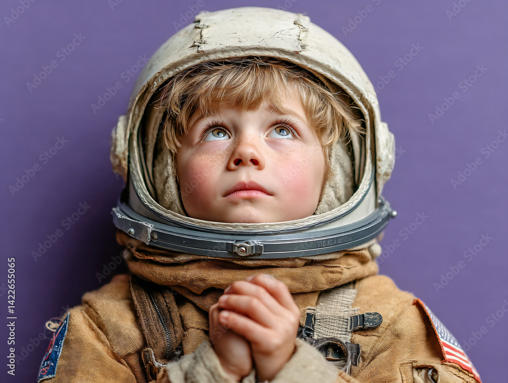 Young Boy in Astronaut Suit Holding Model Spaceship against Purple Background Young Boy in Astronaut Suit Holding Model Spaceship against Purple Background