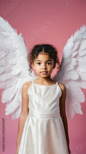 Portrait of a sweet little girl in white dress and angelic wings against a soft pink backdrop, symbolizing purity and childhood innocence.