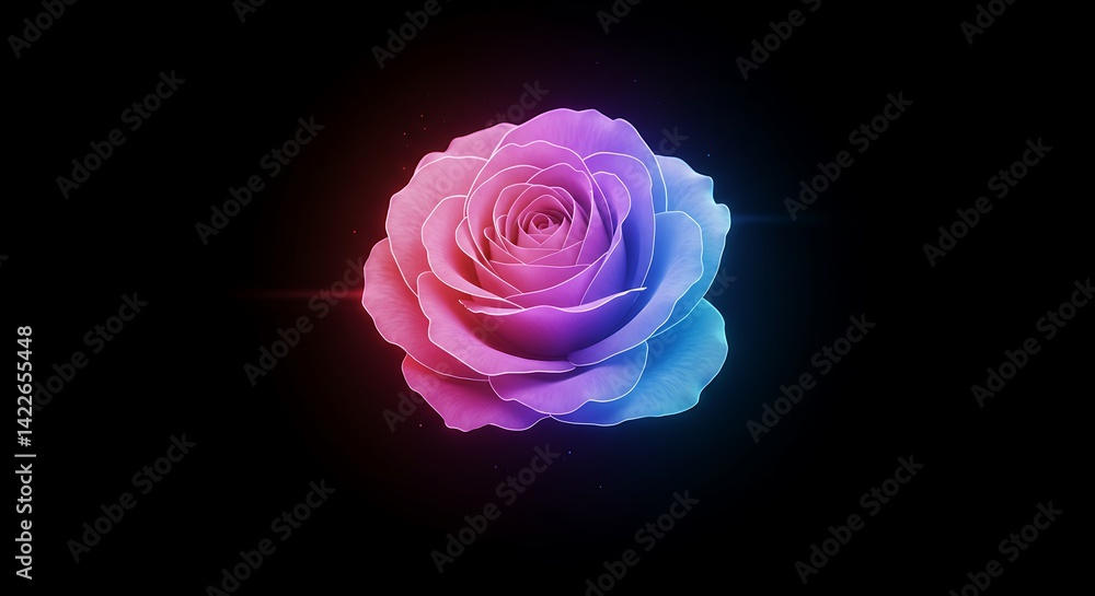 Fototapeta premium a digital rose with glowing petals that change colors, floating gently in mid-air. The rose has a soft holographic glow, with light radiating from its center