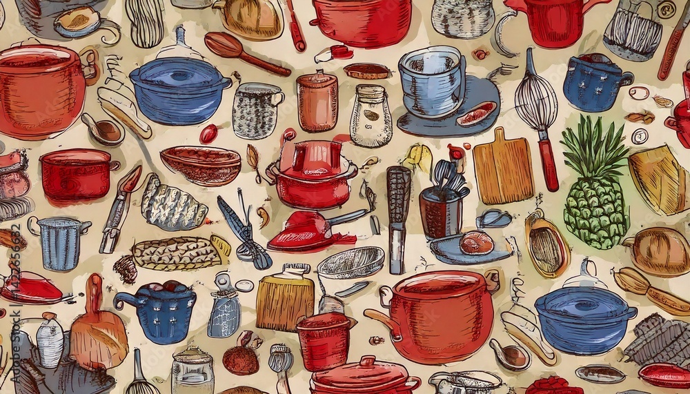 A sketched pattern of kitchen utensils including pots pans and pineapple art A sketched pattern of kitchen utensils including pots pans and pineapple art