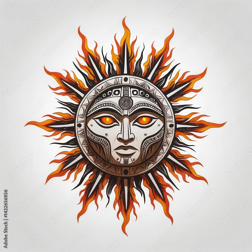 Intricate Sun Design with Fiery Flames and Face Intricate Sun Design with Fiery Flames and Face