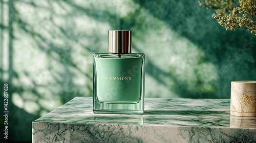 Elegant green perfume bottle minimalist product shot