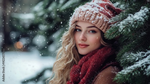Young woman in winter scene with snow-covered trees and soft lighting