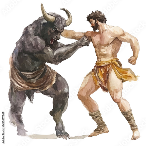 Greek Hero Theseus Fighting The Minotaur, vector watercolor illustration, isolated on a white background.