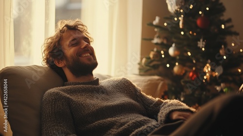 Wallpaper Mural Man Relaxing at Home During Christmas Holiday With Decorated Tree in the Background Torontodigital.ca