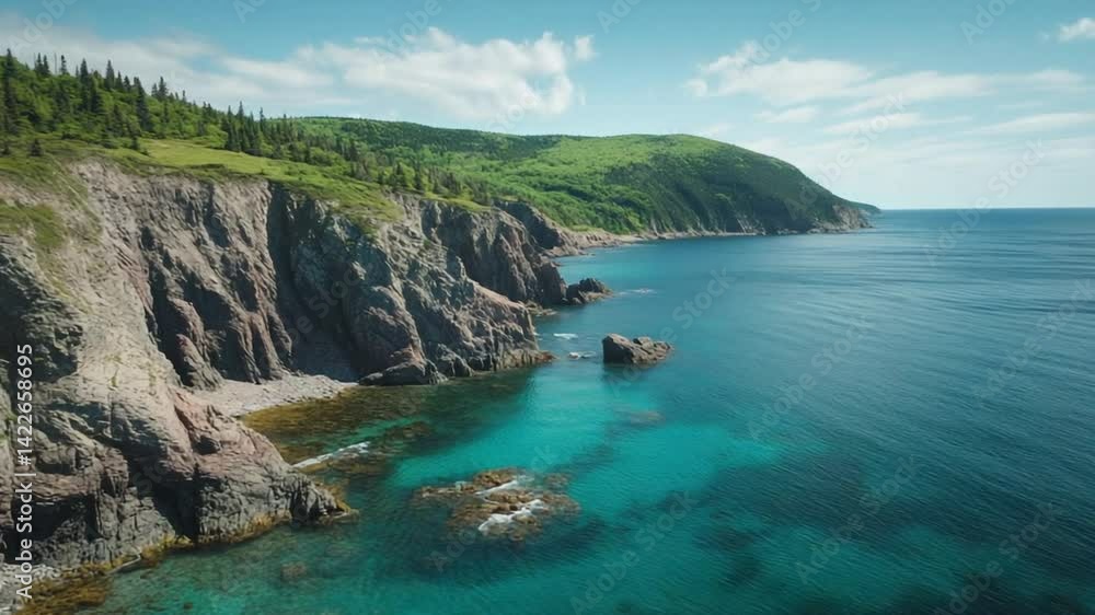Aerial View of Rugged Coastline with Turquoise Water and Lush Green Hills Aerial View of Rugged Coastline with Turquoise Water and Lush Green Hills