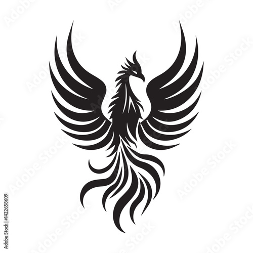 Phoenix bird silhouette design with elegant wings spread, Bold phoenix silhouette, Minimalist phoenix bird, Elegant phoenix silhouette, phoenix