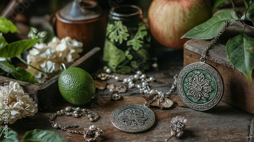 Realistic Natural Clay Jewelry Photography Featuring Elegant Pendants and Lush Greenery in a Rustic Setting