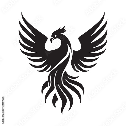 Phoenix bird silhouette design with elegant wings spread, Bold phoenix silhouette, Minimalist phoenix bird, Elegant phoenix silhouette, phoenix