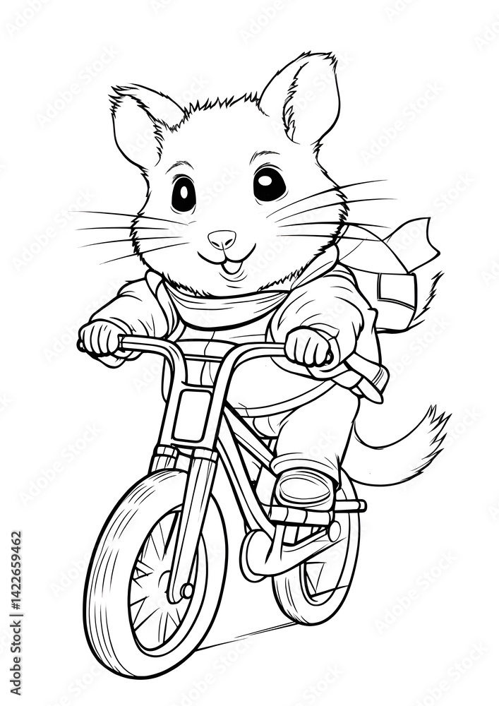 Obraz premium Coloring page for kids, hamster riding a bike