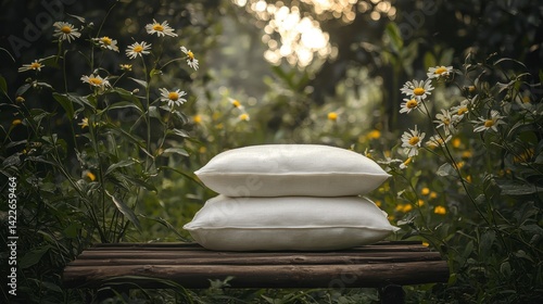 Realistic Organic Cotton Cushions Surrounded by Wildflowers in a Lush Greenery Setting with Natural Light