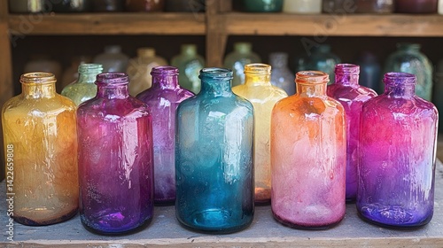 Colorful Painted Glass Bottles Displayed in Artistic Arrangement for Crafts and Photography Inspiration