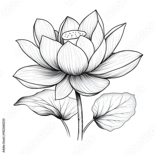 Elegant Lotus Flower Line Art Botanical Illustration