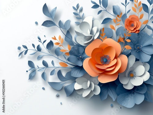 Realistic Paper Craft Floral Arrangement with Blue and Orange Flowers, Perfect for Creative Projects and Photography Inspiration