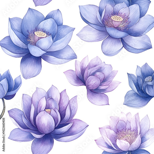 Watercolor Blue and Purple Lotus Flowers Botanical Art Print,