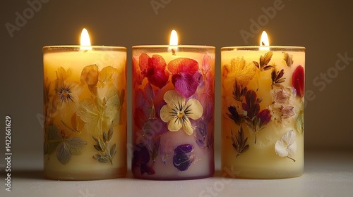Realistic Photography of Pressed Flower Candles with Soft Glow and Natural Colors