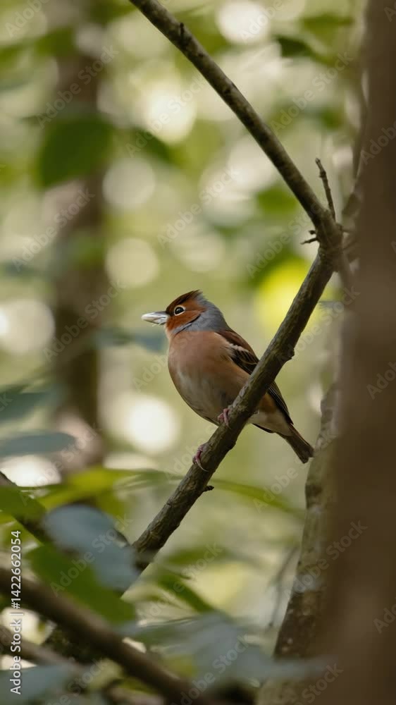 Colorful bird perched on a tree branch in a forest. Bird with light brown and grey plumage, sitting on a limb surrounded by green leaves. Avian wildlife. Colorful bird perched on a tree branch in a forest. Bird with light brown and grey plumage, sitting on a limb surrounded by green leaves. Avian wildlife.