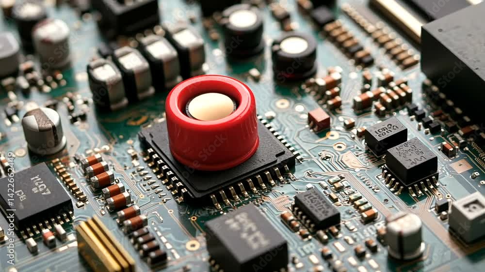Red sensor on circuit board, close-up, technology, electronics, background Red sensor on circuit board, close-up, technology, electronics, background