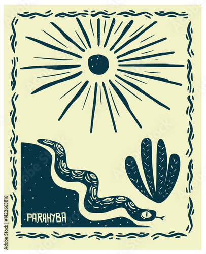 Rustic woodcut-style illustration featuring a snake, cactus, and radiant sun, with the word “Parahyba”. Tribute to the culture and nature of the Brazilian Northeast.