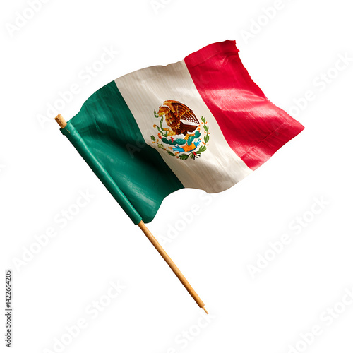 Waving Mexican Flag on Wooden Stick against Black Background National Symbol Patriotism Mexico Independence Day