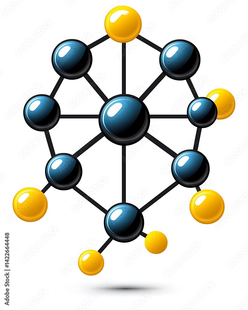 Abstract Molecular Structure with Black and Yellow Spheres on Transparent Background