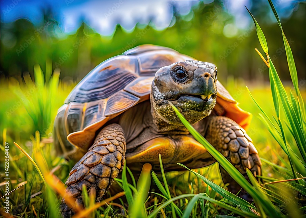 Naklejka premium Large Turtle Walking, Grass Mouth, Candid Wildlife