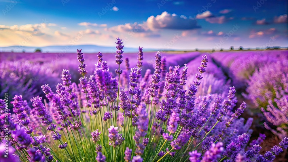 Fototapeta premium Lavender Field Ink Drawing AI Art, Copy Space