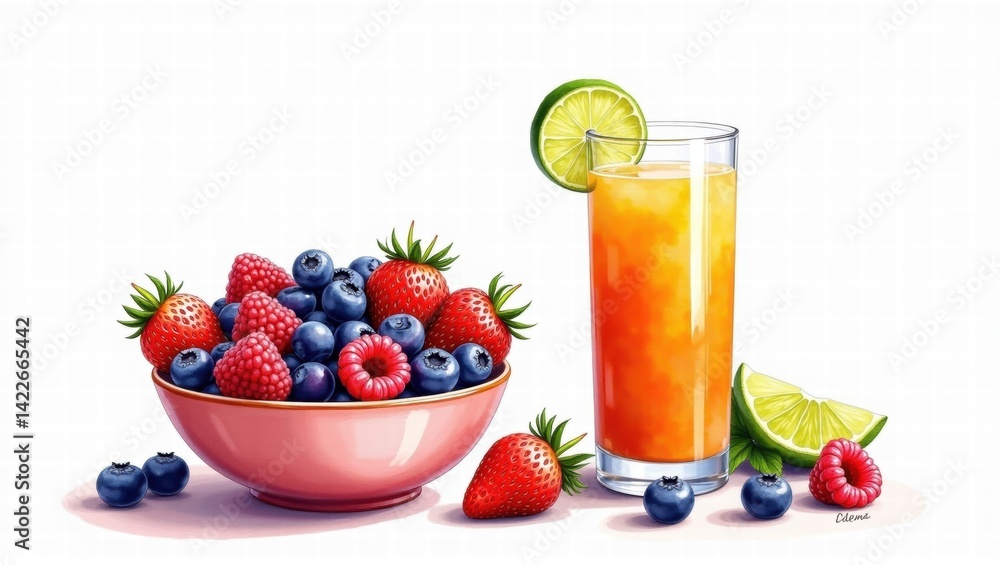 A colorful bowl of strawberries, blueberries, and raspberries sits beside a tall glass of orange juice garnished with lime slices, creating a vibrant, healthy display. Generative, AI, A colorful bowl of strawberries, blueberries, and raspberries sits beside a tall glass of orange juice garnished with lime slices, creating a vibrant, healthy display. Generative, AI,