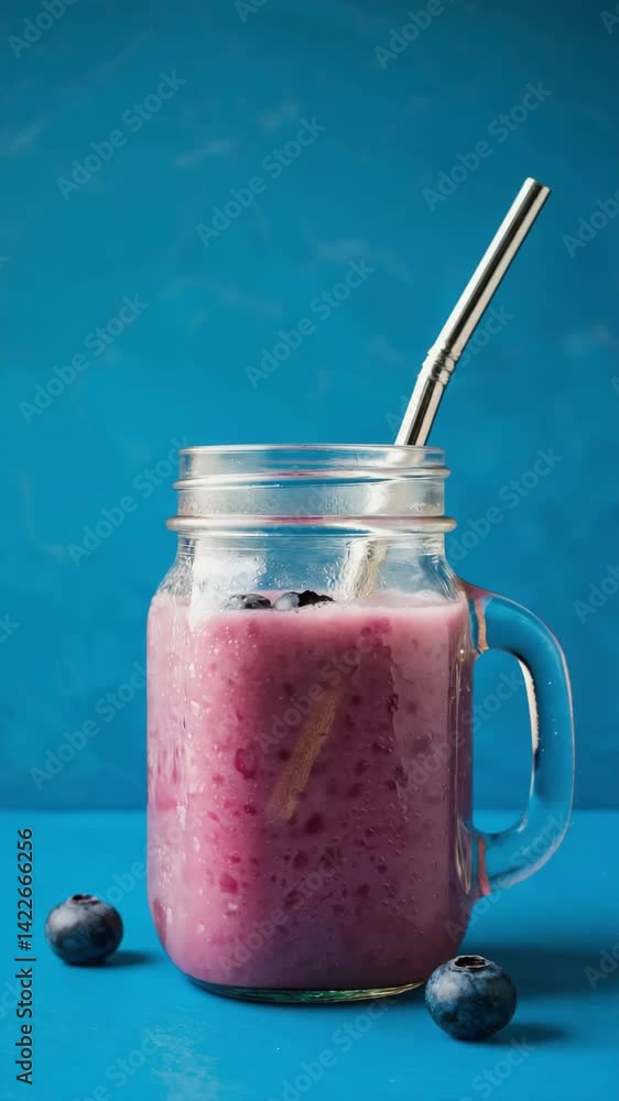 Refreshing blueberry smoothie in a mason jar with metal straw against a vibrant blue background, perfect for healthy lifestyle promotions. Refreshing blueberry smoothie in a mason jar with metal straw against a vibrant blue background, perfect for healthy lifestyle promotions.