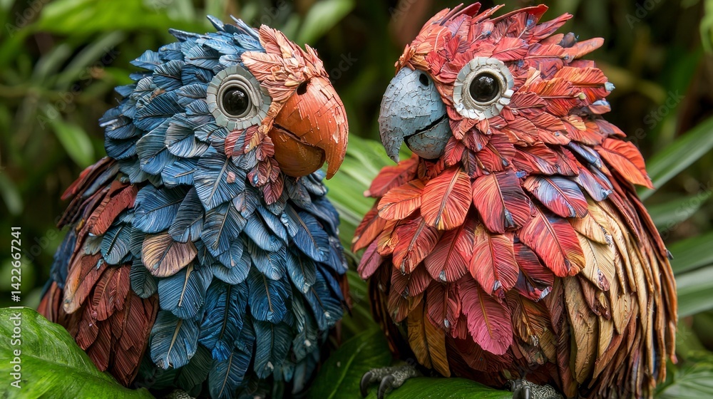 Fototapeta premium Realistic Upcycled Crafts Featuring Colorful Parrots Made from Recycled Materials in a Lush Green Environment