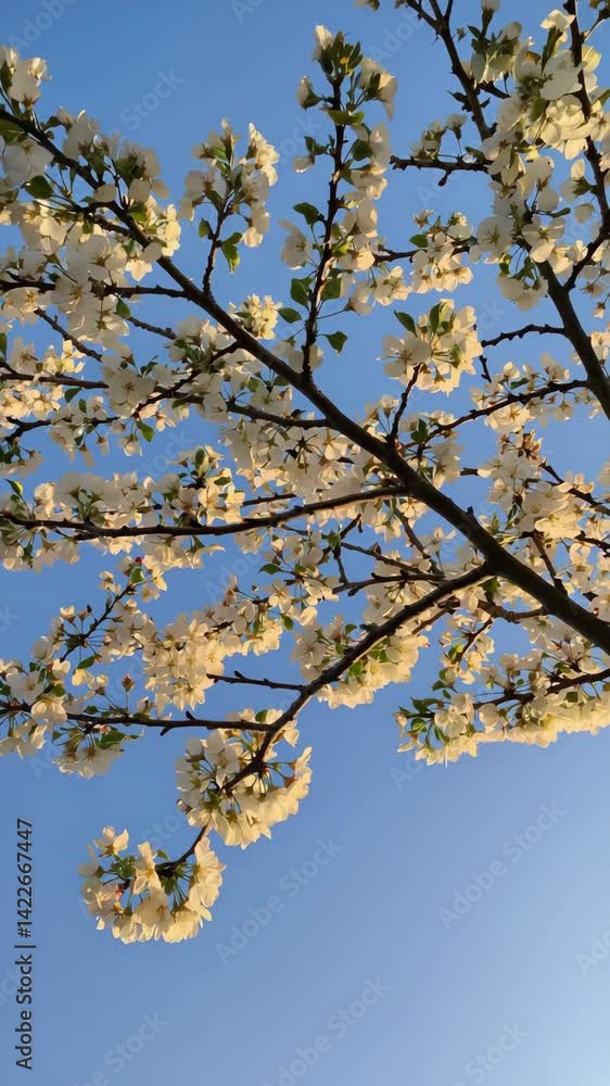 Upward view of tree branches adorned with delicate white blossoms against a clear blue sky during spring time.