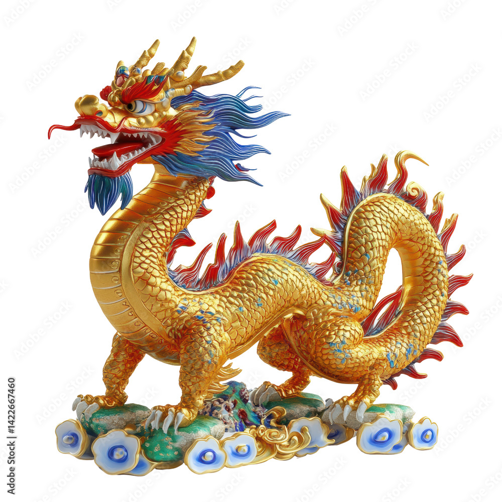 Obraz premium Golden dragon statue, white isolate background