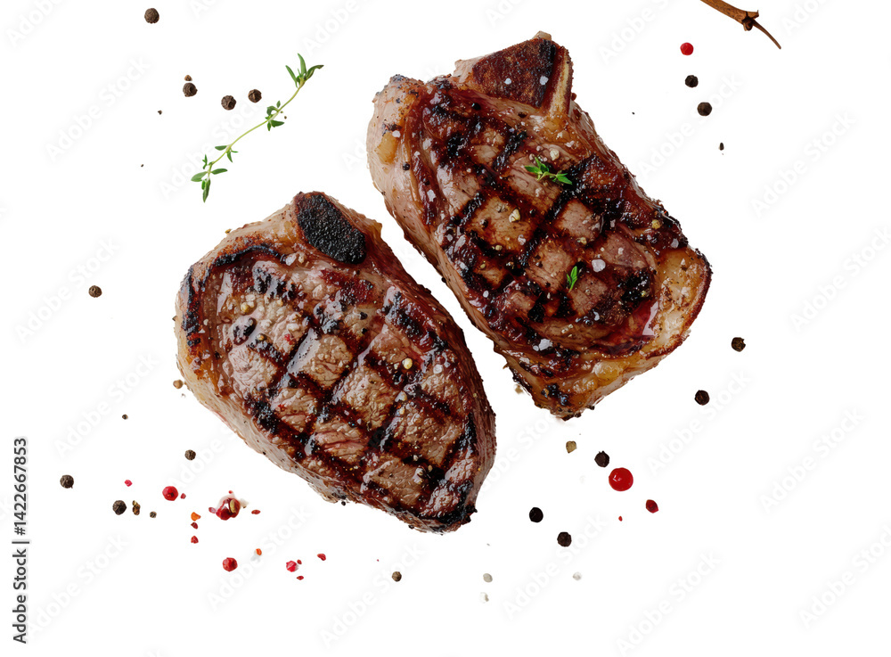 Grilled steak with herbs and spices, white isolate background